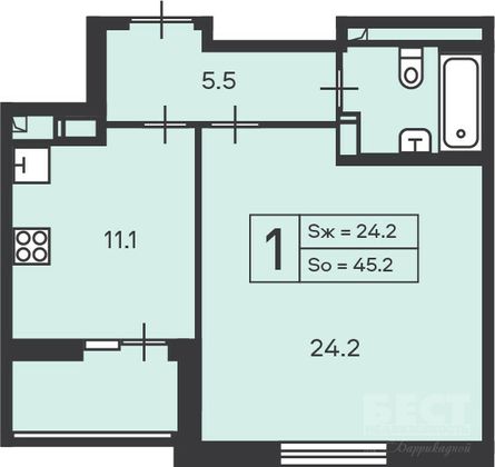Продажа 1-комнатной квартиры 45,2 м², 4/13 этаж