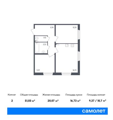 51 м², 2-комн. квартира, 1/8 этаж