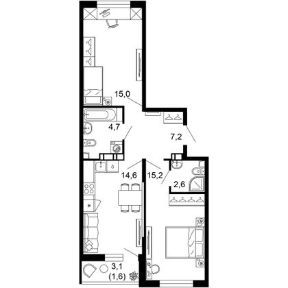 60,9 м², 2-комн. квартира, 2/12 этаж