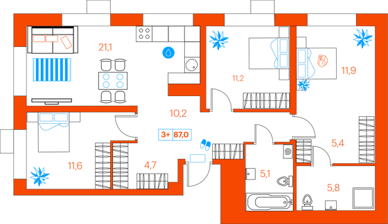 87 м², 3-комн. квартира, 2/21 этаж