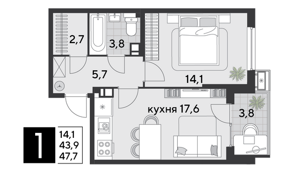 Продажа 1-комнатной квартиры 47,7 м², 5/9 этаж