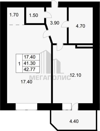 Продажа 1-комнатной квартиры 43,9 м², 3/7 этаж