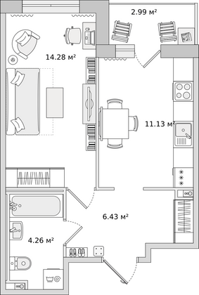 38,2 м², 1-комн. квартира, 1/16 этаж