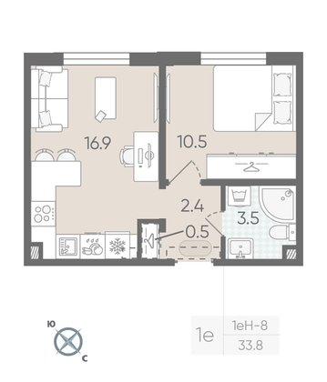 Продажа 1-комнатной квартиры 33,8 м², 2/22 этаж