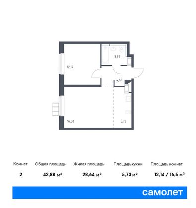 42,9 м², 1-комн. квартира, 4/10 этаж