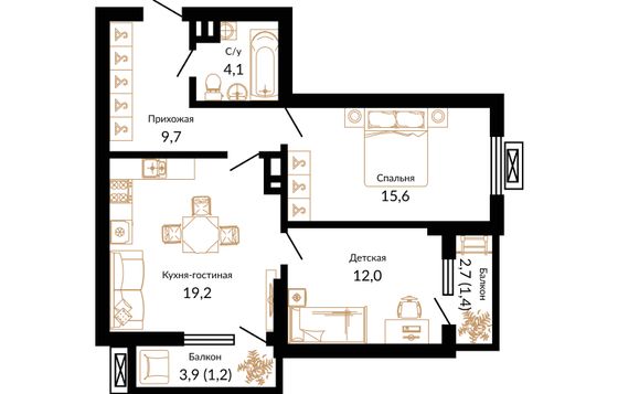 63,4 м², 2-комн. квартира, 15/15 этаж