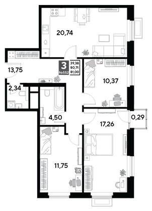 Продажа 3-комнатной квартиры 81 м², 23/25 этаж