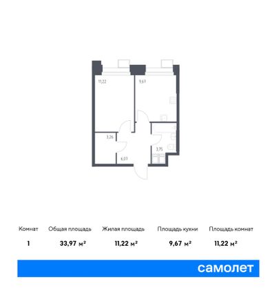 34 м², 1-комн. квартира, 11/23 этаж