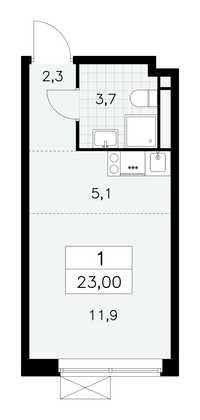 23 м², своб. планировка, 4/15 этаж