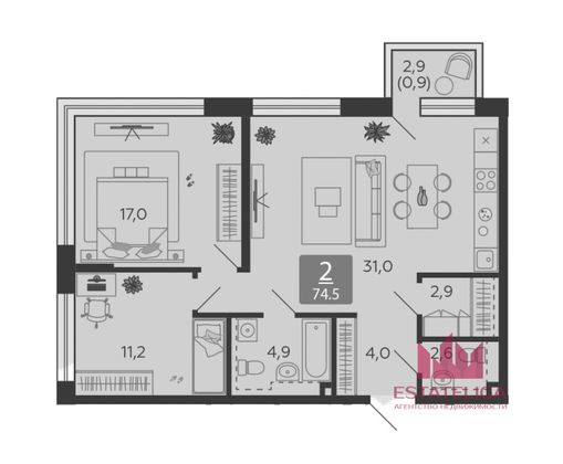 Продажа 2-комнатной квартиры 74,5 м², 3/28 этаж