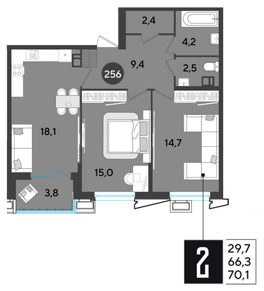 Продажа 2-комнатной квартиры 70,1 м², 6/9 этаж