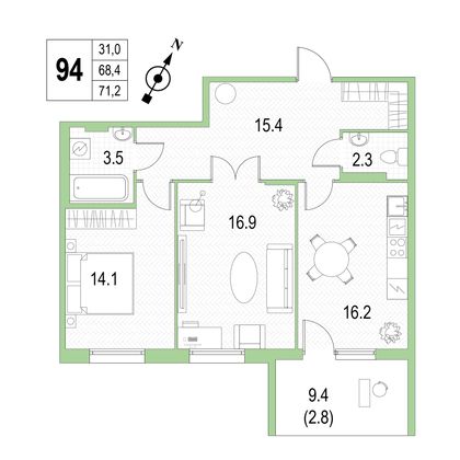 Продажа 2-комнатной квартиры 71,2 м², 4/4 этаж