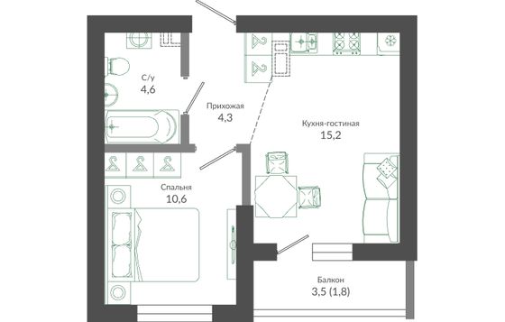 36,5 м², 1-комн. квартира, 1/12 этаж