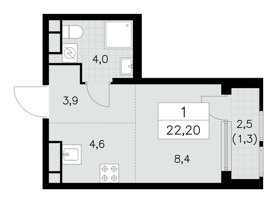 22,2 м², своб. планировка, 12/30 этаж