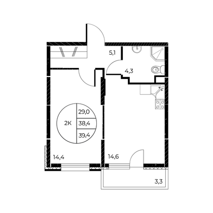 39,4 м², 2-комн. квартира, 2/25 этаж