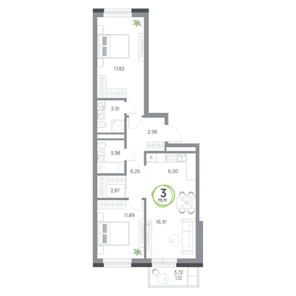 73,7 м², 3-комн. квартира, 7/8 этаж