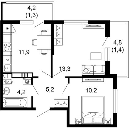 47,5 м², 2-комн. квартира, 9/17 этаж