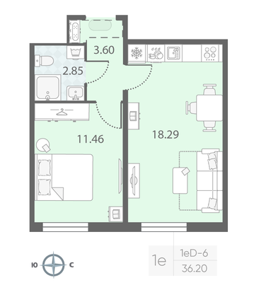 Продажа 1-комнатной квартиры 36,2 м², 2/23 этаж