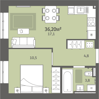 Продажа 1-комнатной квартиры 36,2 м², 2/9 этаж