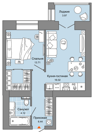 42 м², 2-комн. квартира, 1/6 этаж