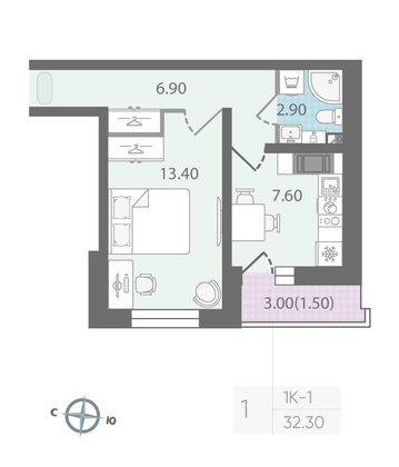 Продажа 1-комнатной квартиры 32,3 м², 18/25 этаж