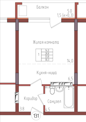 30,3 м², 1-комн. квартира, 8/9 этаж