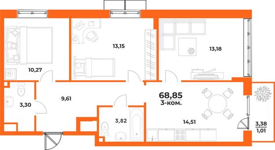 68,8 м², 3-комн. квартира, 2/10 этаж