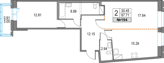 67,7 м², 2-комн. квартира, 12/25 этаж