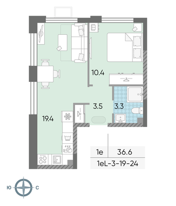 Продажа 1-комнатной квартиры 36,6 м², 19/24 этаж