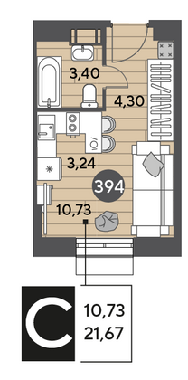 Продажа квартиры-студии 21,7 м², 4/15 этаж