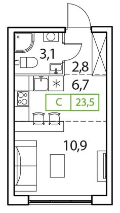 23,5 м², студия, 12/17 этаж
