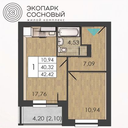 42,4 м², 1-комн. квартира, 2/4 этаж