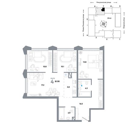 81,9 м², 4-комн. квартира, 22/30 этаж