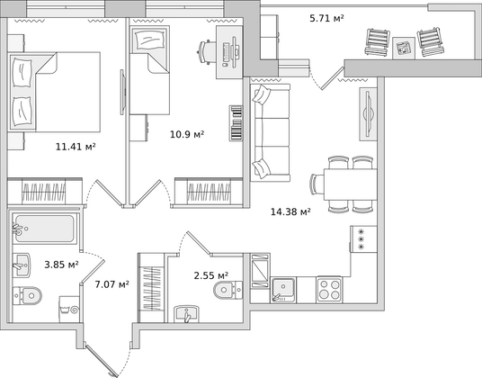 55,9 м², 2-комн. квартира, 3/16 этаж