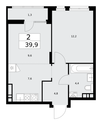 39,9 м², 2-комн. квартира, 8/16 этаж