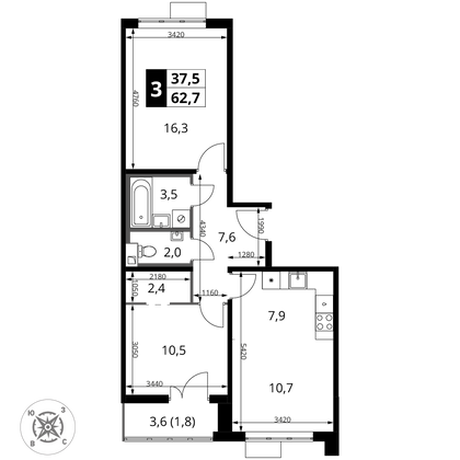 62,7 м², 3-комн. квартира, 14/16 этаж