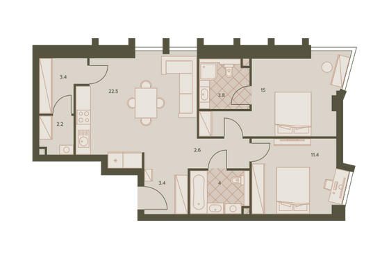 69,6 м², 3-комн. квартира, 28/42 этаж