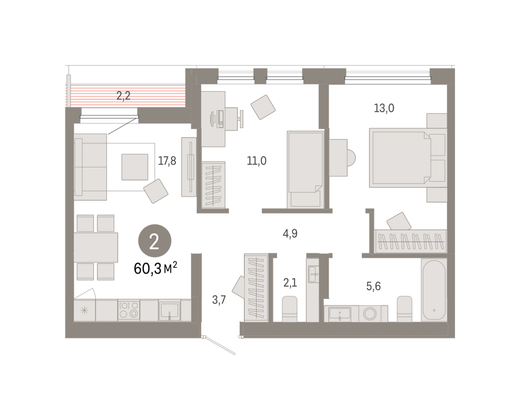 Продажа 2-комнатной квартиры 60,3 м², 9/9 этаж