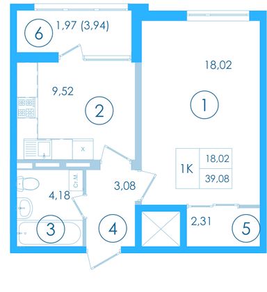 Продажа 1-комнатной квартиры 39,1 м², 9/13 этаж