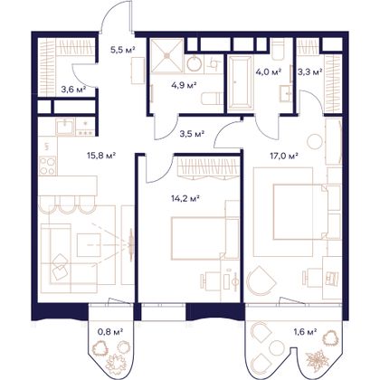 74,3 м², 2-комн. квартира, 12/23 этаж