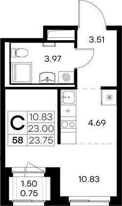 23,8 м², студия, 5/9 этаж