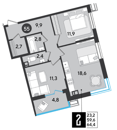 Продажа 2-комнатной квартиры 64,4 м², 9/16 этаж