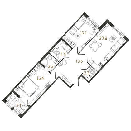 74 м², 2-комн. квартира, 6/9 этаж