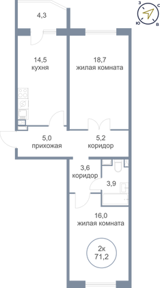 71,2 м², 2-комн. квартира, 1/16 этаж