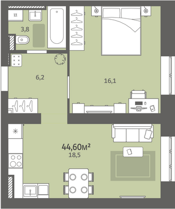 Продажа 1-комнатной квартиры 44,6 м², 1/9 этаж