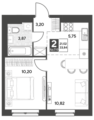 Продажа 2-комнатной квартиры 33,8 м², 12/25 этаж