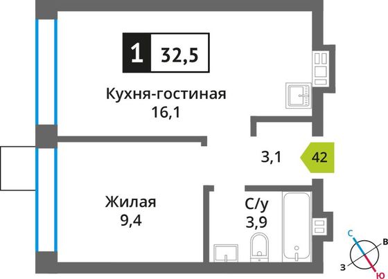 Продажа 1-комнатной квартиры 32,5 м², 7/9 этаж