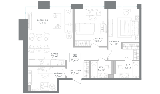 Продажа 2-комнатной квартиры 85,4 м², 4/25 этаж