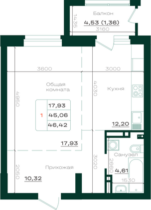 Продажа 1-комнатной квартиры 46,4 м², 6/21 этаж