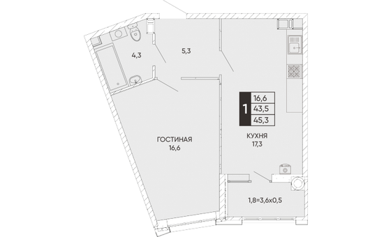 Продажа 1-комнатной квартиры 45,3 м², 3/20 этаж